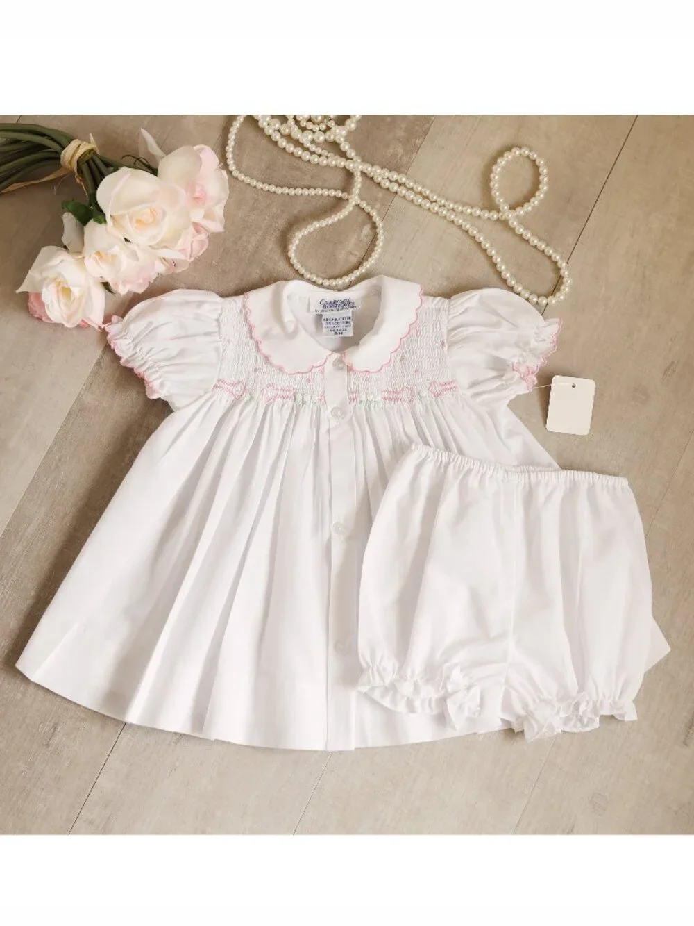 White Smocked Heirloom Dress Set Scalloped Collar Pink Embroidery